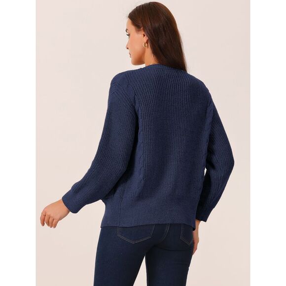 Sweater Open Front Long Sleeve Knitted Casual Cardigan with Pockets Navy Blue - Picture 4 of 5